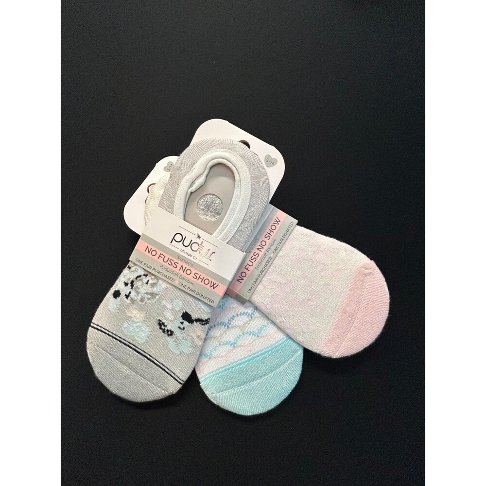 Pudus Bamboo No Show Socks Lot 3 Pack S/M 5-9 Floral Leopard NWT